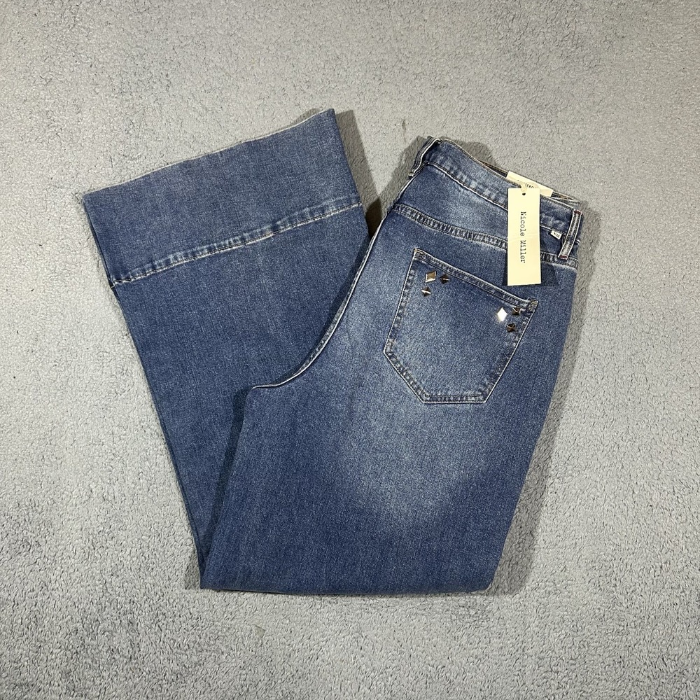 NWT Nicole Miller Amsterdam Mid Rise Wide Leg Blue Jeans Womens 32 #3889
